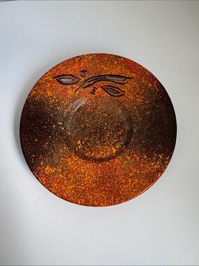 Hand Painted Art Pottery Decorative Bowl Abstract Eye Design Orange Brown 8 Inch